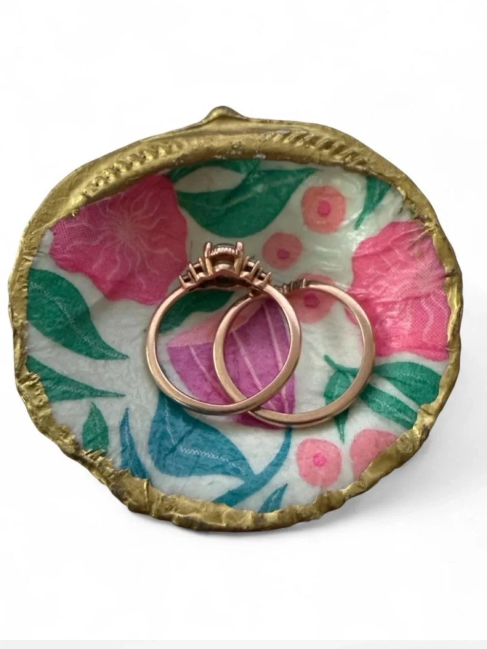 Handpainted/decoupaged Shell Ring Dish - Gold and Pink